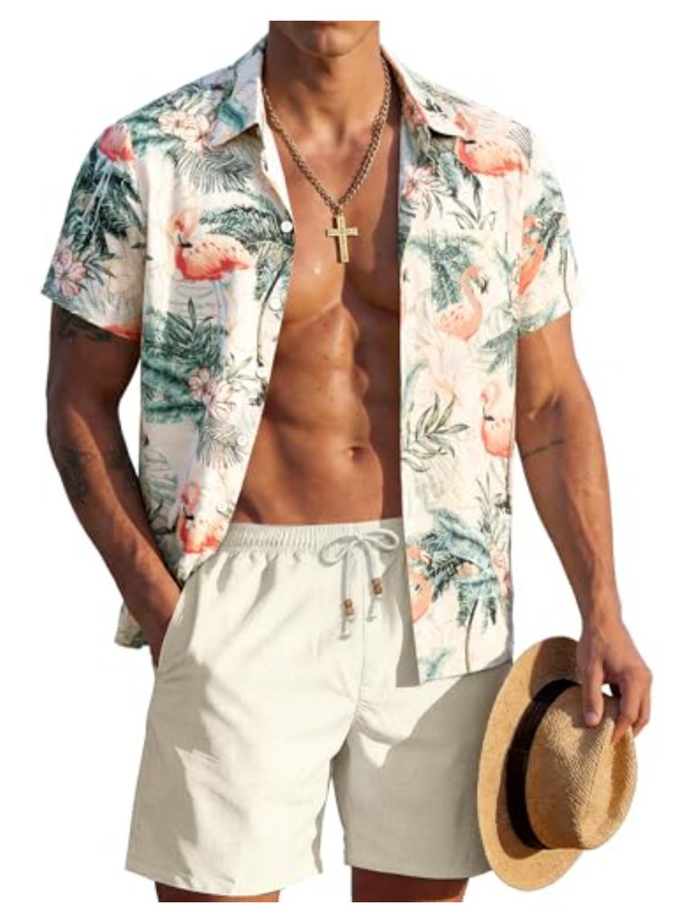 Men's Hawaiian 2 Piece Set Floral Button Down Shirt & Linen Shorts Summer Beach